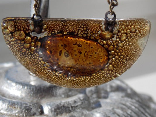 Brown Caramel color HalfMoon shaped pendant made of recycled fused glass - Handmade Recycled Glass Jewelry 