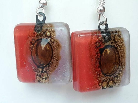 Red, lilac and Brown Square Fused Glass Drop Earrings- Recycled Glass Dangle Earrings - Handmade Recycled Glass Jewelry 