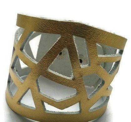 Barcelona Reclaimed Leather cuff. Leather wristband, Leather cuff Bracelet. Golden - Handmade Recycled Glass Jewelry 