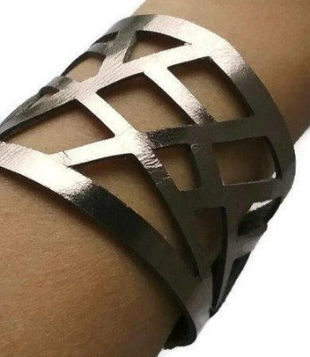 Leather cuff. Reclaimed Leather wrist band. Leather cuff Bracelet. Dark Silver Metallic Color - Handmade Recycled Glass Jewelry 