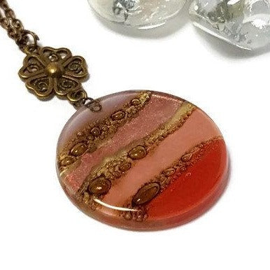 Long Pendant. Brown, Pink, Lilac and red long necklace. Round Recycled Glass Handmade pendant - Handmade Recycled Glass Jewelry 