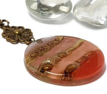 Long Pendant. Brown, Pink, Lilac and red long necklace. Round Recycled Glass Handmade pendant