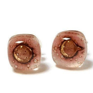 Small Post pink and brown Earrings. Fused Glass Studs. Recycled Glass jewelry. Stud earrings - Handmade Recycled Glass Jewelry 