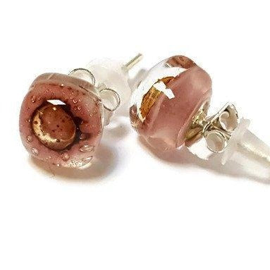 Small Post pink and brown Earrings. Fused Glass Studs. Recycled Glass jewelry. Stud earrings - Handmade Recycled Glass Jewelry 