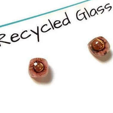 Small Post pink and brown Earrings. Fused Glass Studs. Recycled Glass jewelry. Stud earrings