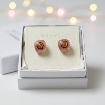 Small Post pink and brown Earrings. Fused Glass Studs. Recycled Glass jewelry. Stud earrings