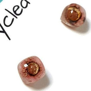 Small Post pink and brown Earrings. Fused Glass Studs. Recycled Glass jewelry. Stud earrings
