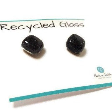 Post Earrings. Recycled glass Earrings. Black Earrings Studs, Fused Glass jewelry - Handmade Recycled Glass Jewelry 