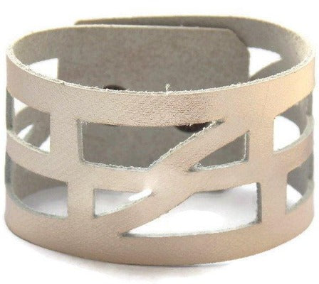 Silver color Leather "Self Empowering" Cuff bracelet. Reclaimed Leather Band. - Handmade Recycled Glass Jewelry 