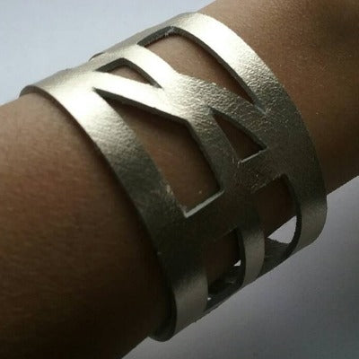 Silver color Leather "Self Empowering" Cuff bracelet. Reclaimed Leather Band. - Handmade Recycled Glass Jewelry 
