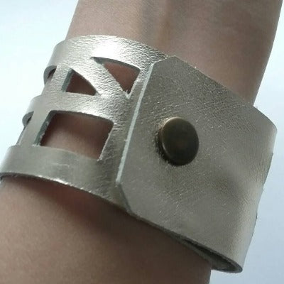 Silver color Leather "Self Empowering" Cuff bracelet. Reclaimed Leather Band. - Handmade Recycled Glass Jewelry 