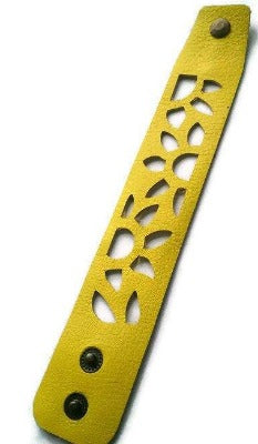Yellow Sunflower leather wrist Band. Repurposed Leather Cuff Bracelet - Handmade Recycled Glass Jewelry 