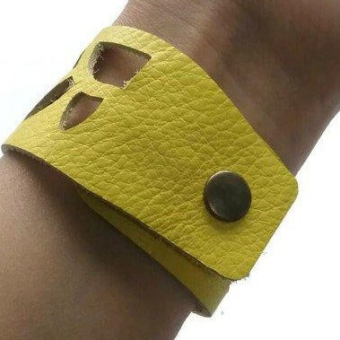 Yellow Sunflower leather wrist Band. Repurposed Leather Cuff Bracelet - Handmade Recycled Glass Jewelry 