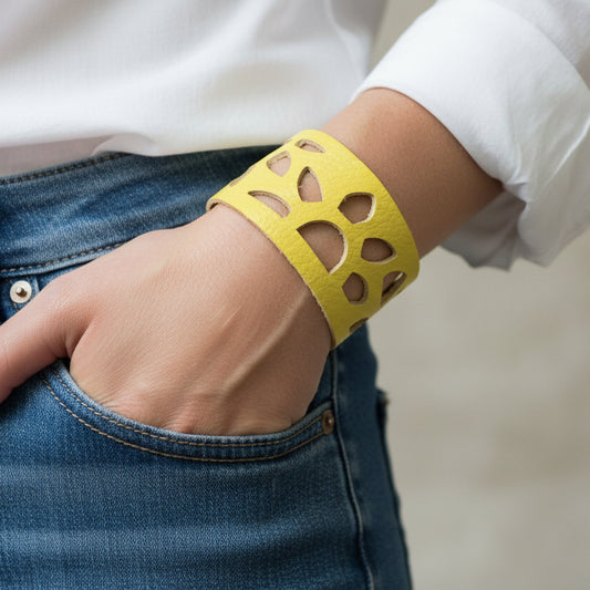 Yellow Sunflower leather wrist Band. Repurposed Leather Cuff Bracelet - Handmade Recycled Glass Jewelry 