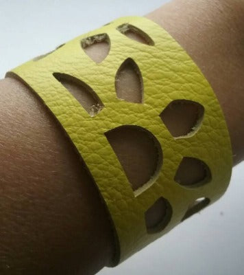 Yellow Sunflower leather wrist Band. Repurposed Leather Cuff Bracelet - Handmade Recycled Glass Jewelry 