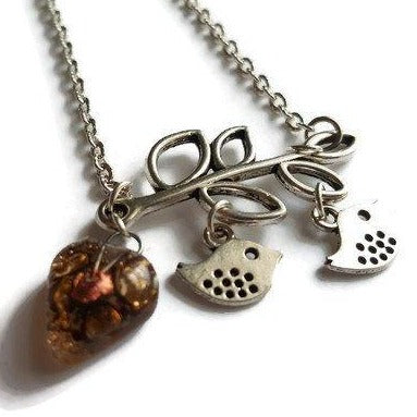 Family pendant. Bird pendant. Recycled Fused Glass necklace. Brown and Copper color heart shape bead - Handmade Recycled Glass Jewelry 