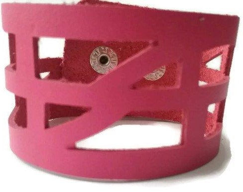 pink Reclaimed Leather wrist Band. The Self Empowering cuff Bracelet. Reurposed - Handmade Recycled Glass Jewelry 