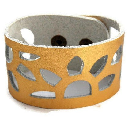 Gold Color Reclaimed Leather Cuff Bracelet. Golden "Sunflowers" Leather Band