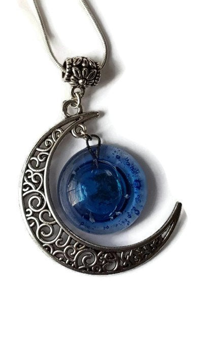 Blue moon recycled fused glass pendant. Long necklace - Handmade Recycled Glass Jewelry 