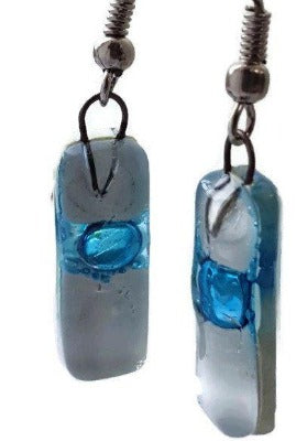 Small White and Turquoise Fused Glass Earrings - Handmade Recycled Glass Jewelry 