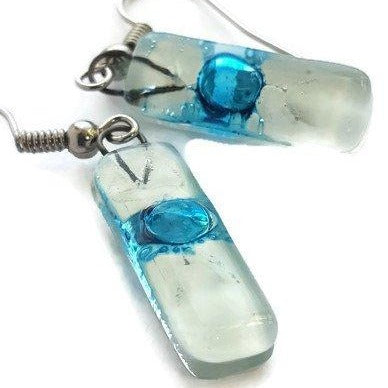Small White and Turquoise Fused Glass Earrings - Handmade Recycled Glass Jewelry 