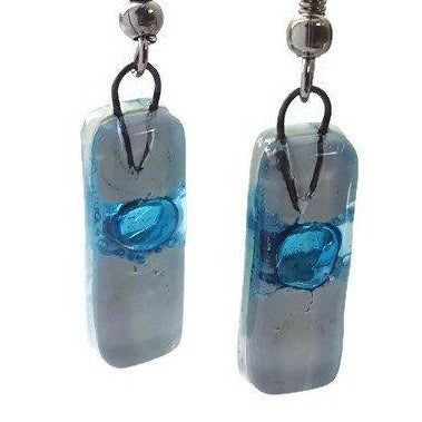 Small White and Turquoise Fused Glass Earrings - Handmade Recycled Glass Jewelry 