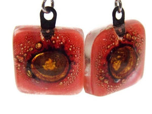 Small square red and Brown recycled glass drop earrings - Handmade Recycled Glass Jewelry 