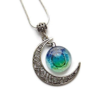 Blue moon, Green blue moon recycled glass long pendant. Handmade. - Handmade Recycled Glass Jewelry 