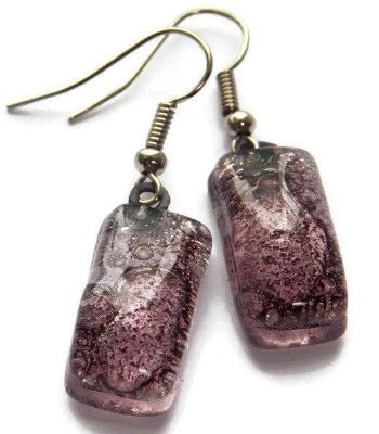 Fused Glass earrings. Purply Bubbly color recycled Glass Earrings. Small Bars dangle earrings - Handmade Recycled Glass Jewelry 