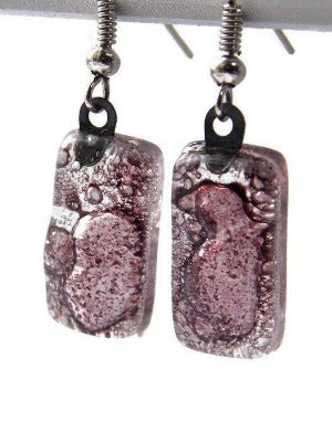 Fused Glass earrings. Purply Bubbly color recycled Glass Earrings. Small Bars dangle earrings - Handmade Recycled Glass Jewelry 