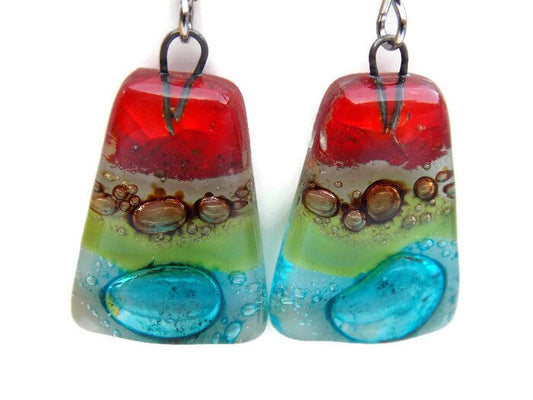 Rainbow Fused Glass dangle Earring. Red, turquoise, green and brown Drop Earrings. Glass Art