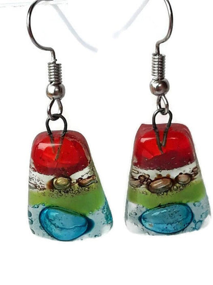Rainbow Fused Glass dangle Earring. Red, turquoise, green and brown Drop Earrings. Glass Art