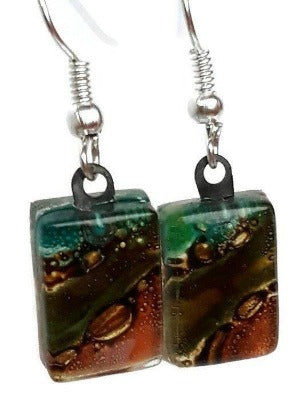 Small Teal, Green and Terracotta and Brown bars, Recycled Glass Drop earrings. Fused Glass - Handmade Recycled Glass Jewelry 