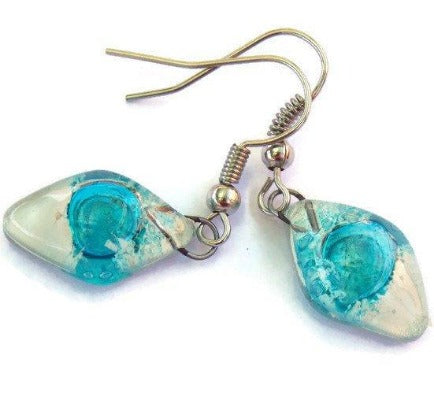 Small Diamond Shaped white and Turquoise Recycled Fused Glass Earrings - Handmade Recycled Glass Jewelry 