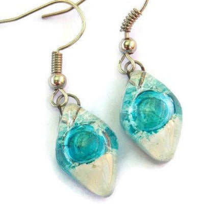Small Diamond Shaped white and Turquoise Recycled Fused Glass Earrings - Handmade Recycled Glass Jewelry 