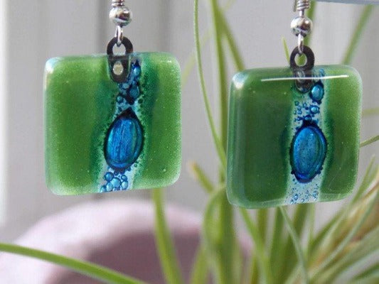 Blue and Green Recycled fused glass square Earrings - Handmade Recycled Glass Jewelry 