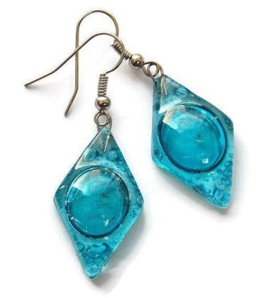 Aqua, turquoise diamond shaped recycled fused Glass Earrings. Glass drop Earrings. - Handmade Recycled Glass Jewelry 
