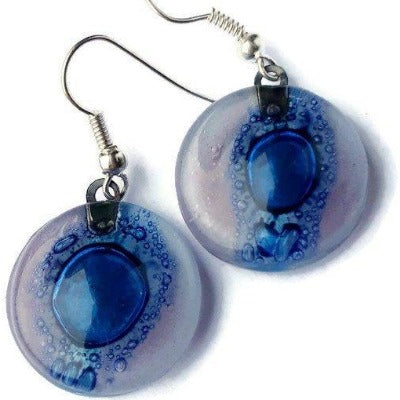 Round Lilac and Blue Dangle earrings. Recycled Fused Glass Drop Earrings. Dangle Earrings - Handmade Recycled Glass Jewelry 