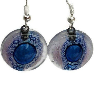 Round Lilac and Blue Dangle earrings. Recycled Fused Glass Drop Earrings. Dangle Earrings - Handmade Recycled Glass Jewelry 