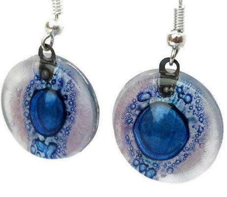 Round Lilac and Blue Dangle earrings. Recycled Fused Glass Drop Earrings. Dangle Earrings - Handmade Recycled Glass Jewelry 
