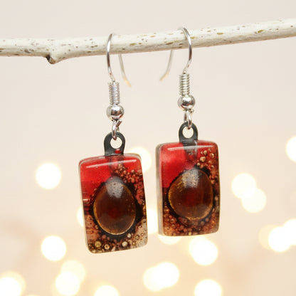 Small Red and Brown bars, Recycled Glass Drop earrings. Fused Glass Dangle Earrings - Handmade Recycled Glass Jewelry 