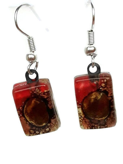 Small Red and Brown bars, Recycled Glass Drop earrings. Fused Glass Dangle Earrings - Handmade Recycled Glass Jewelry 