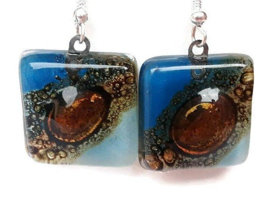 Blue, Baby Blue and Brown fused Glass Earrings. Recycled Glass dangle Earrings. Drop Earrings - Handmade Recycled Glass Jewelry 