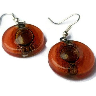 Red and Brown round dangle earring. Orangy red and a caramel Fused Glass Drop Earrings