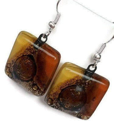 Earthy tones, White, beige, terracotta  and Brown Square Fused Glass earrings