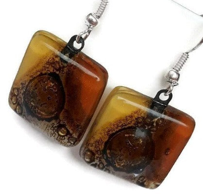 Earthy tones, White, beige, terracotta  and Brown Square Fused Glass earrings