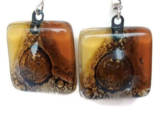 Earthy tones, White, beige, terracota  and Brown Square Fused Glass earrings. - Handmade Recycled Glass Jewelry 