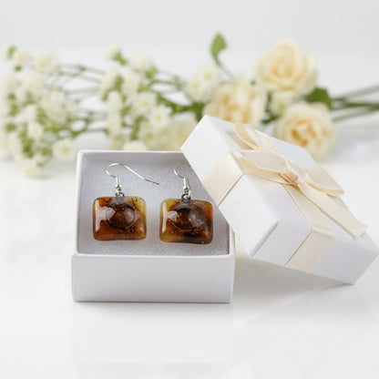 Earthy tones, White, beige, terracota  and Brown Square Fused Glass earrings. - Handmade Recycled Glass Jewelry 