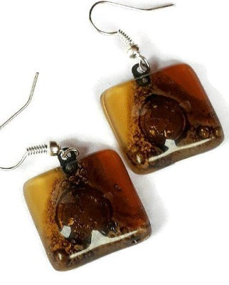 Earthy tones, White, beige, terracota  and Brown Square Fused Glass earrings. - Handmade Recycled Glass Jewelry 