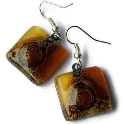 Earthy tones, White, beige, terracotta  and Brown Square Fused Glass earrings